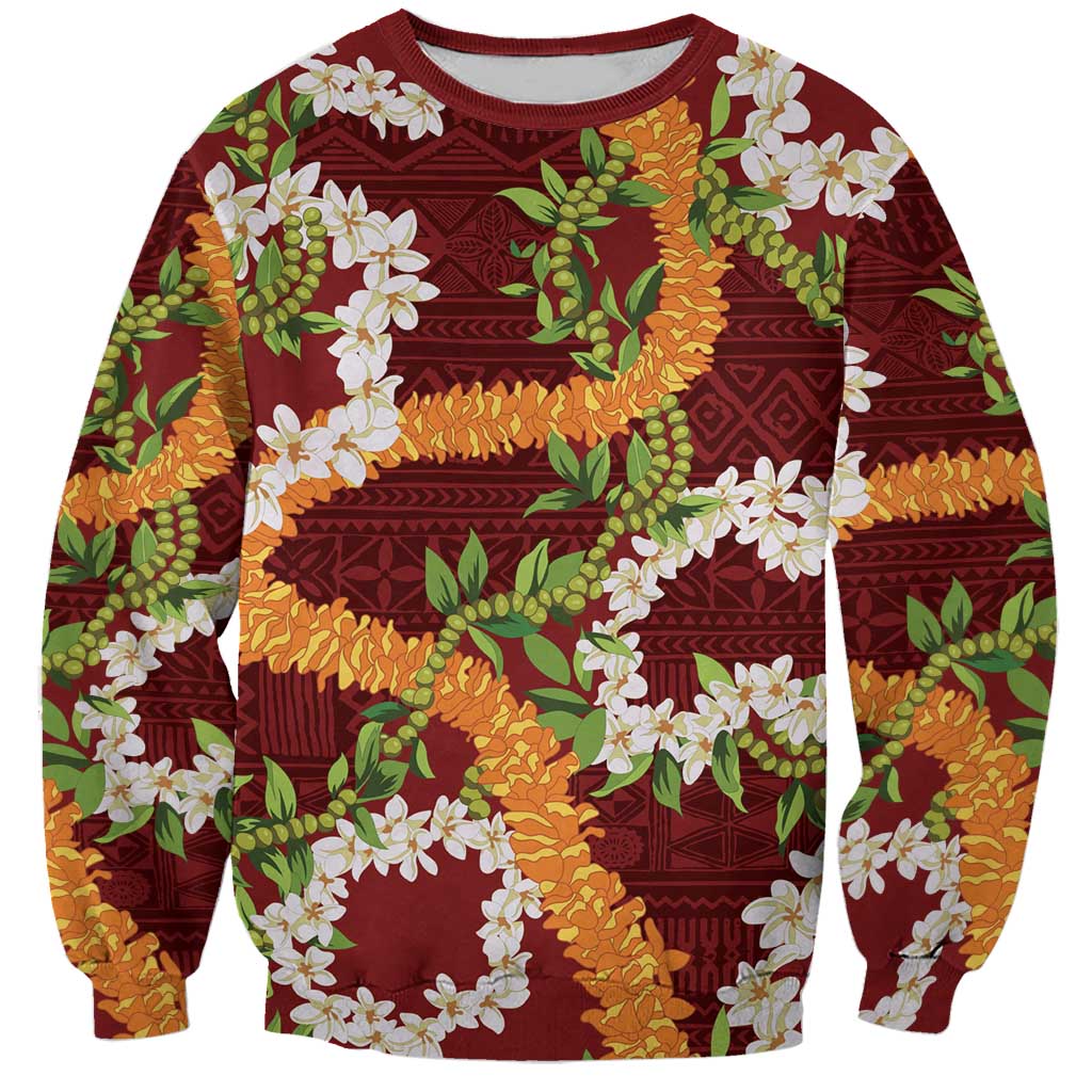 Aloha Festive Hawaii Sweatshirt Mokihana - Maile and Ilima on Crimson - Polynesian Pride