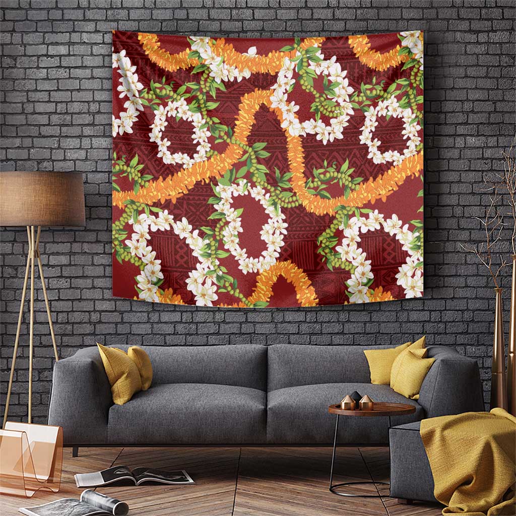 Aloha Festive Hawaii Tapestry Mokihana - Maile and Ilima on Crimson - Polynesian Pride
