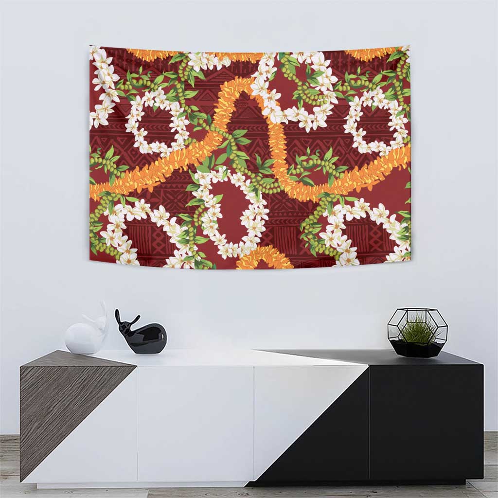 Aloha Festive Hawaii Tapestry Mokihana - Maile and Ilima on Crimson - Polynesian Pride