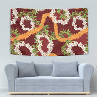 Aloha Festive Hawaii Tapestry Mokihana - Maile and Ilima on Crimson - Polynesian Pride