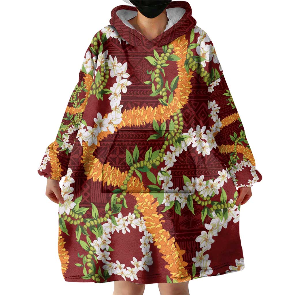Aloha Festive Hawaii Wearable Blanket Hoodie Mokihana - Maile and Ilima on Crimson - Polynesian Pride