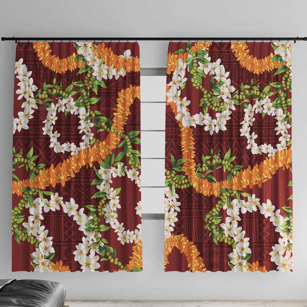 Aloha Festive Hawaii Window Curtain Mokihana - Maile and Ilima on Crimson - Polynesian Pride