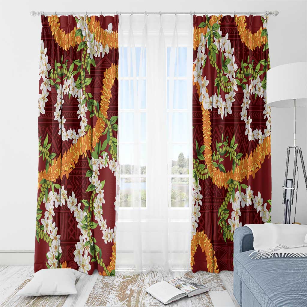Aloha Festive Hawaii Window Curtain Mokihana - Maile and Ilima on Crimson - Polynesian Pride