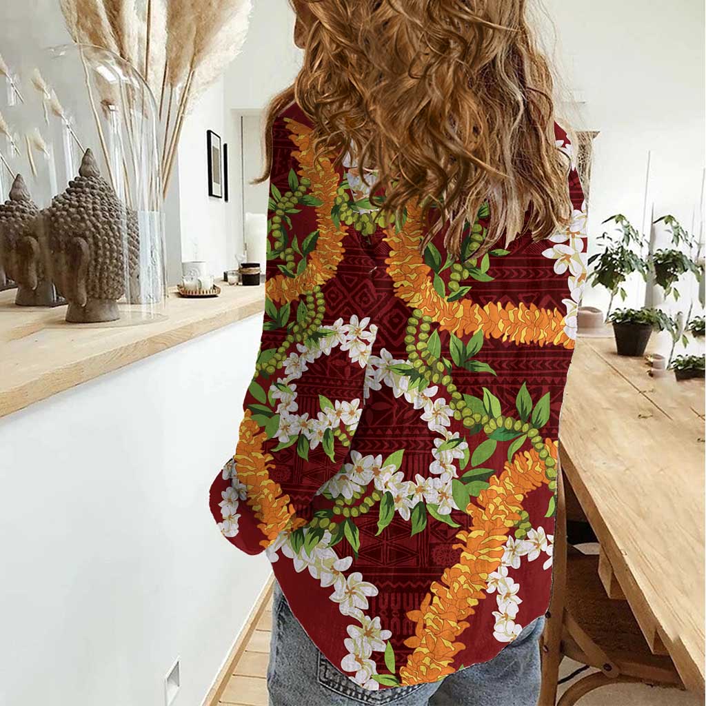 Aloha Festive Hawaii Women Casual Shirt Mokihana - Maile and Ilima on Crimson - Polynesian Pride