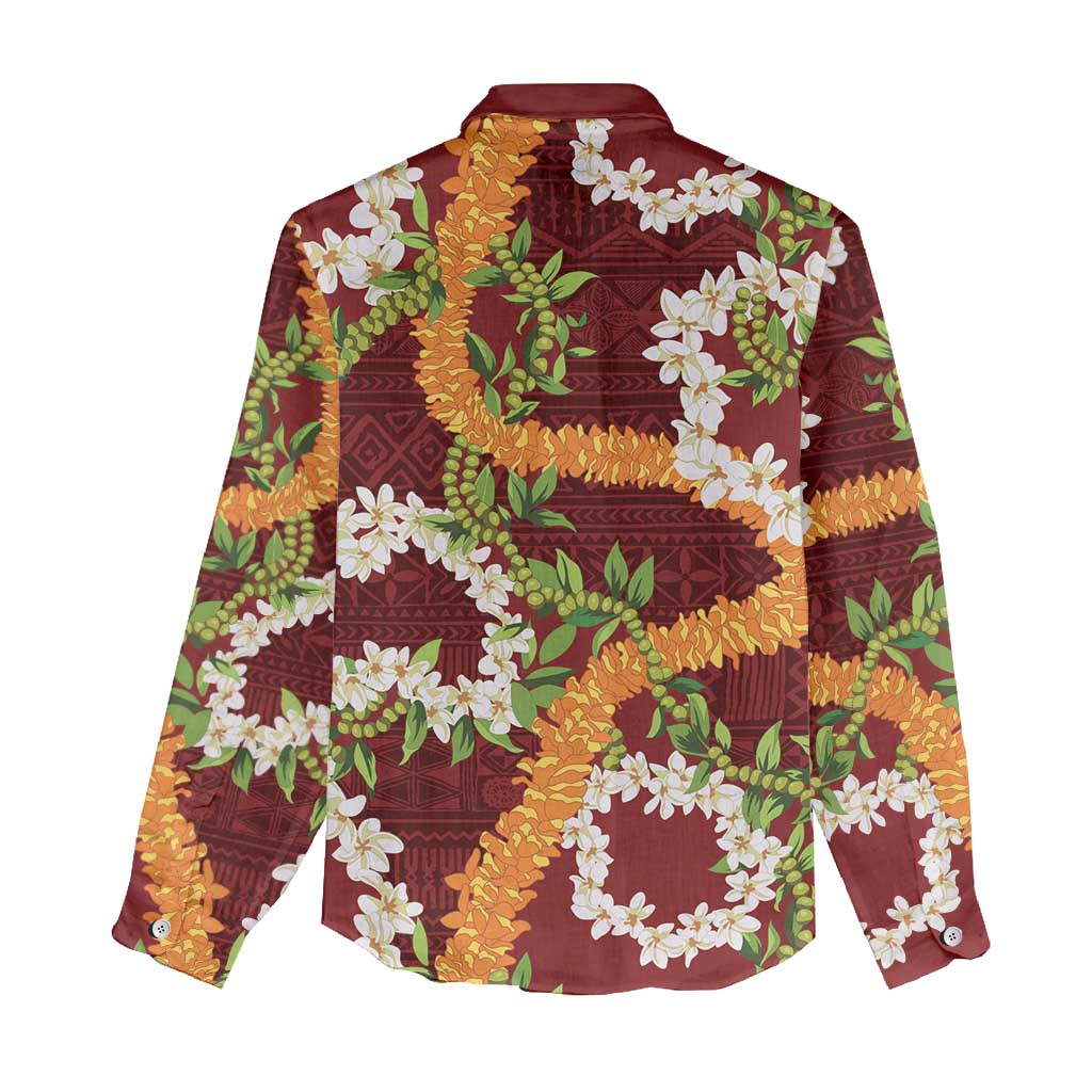 Aloha Festive Hawaii Women Casual Shirt Mokihana - Maile and Ilima on Crimson - Polynesian Pride
