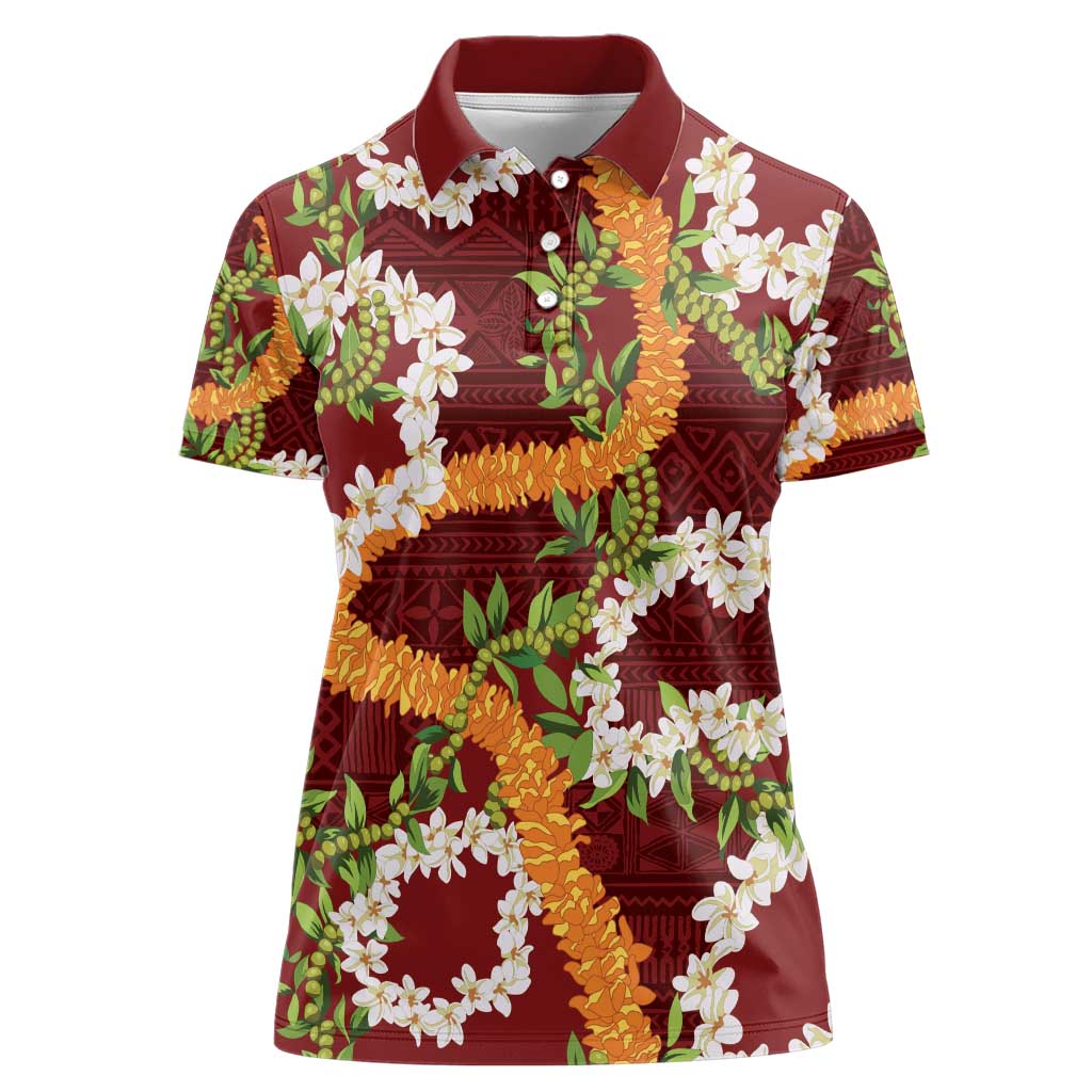 Aloha Festive Hawaii Women Polo Shirt Mokihana - Maile and Ilima on Crimson - Polynesian Pride