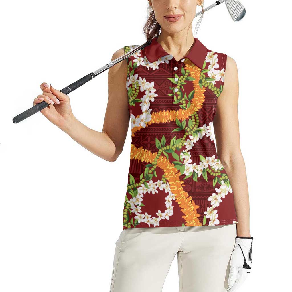 Aloha Festive Hawaii Women Sleeveless Polo Shirt Mokihana - Maile and Ilima on Crimson - Polynesian Pride