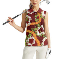 Aloha Festive Hawaii Women Sleeveless Polo Shirt Mokihana - Maile and Ilima on Crimson - Polynesian Pride
