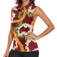 Aloha Festive Hawaii Women Sleeveless Polo Shirt Mokihana - Maile and Ilima on Crimson - Polynesian Pride