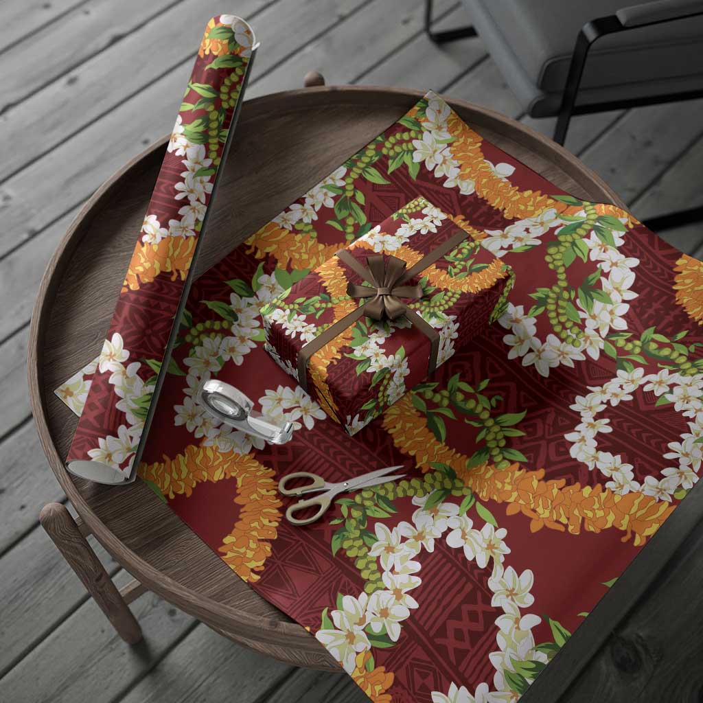 Aloha Festive Hawaii Wrapping Paper Mokihana - Maile and Ilima on Crimson
