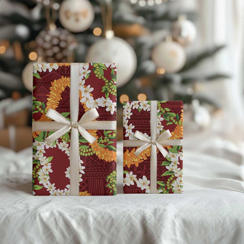 Aloha Festive Hawaii Wrapping Paper Mokihana - Maile and Ilima on Crimson