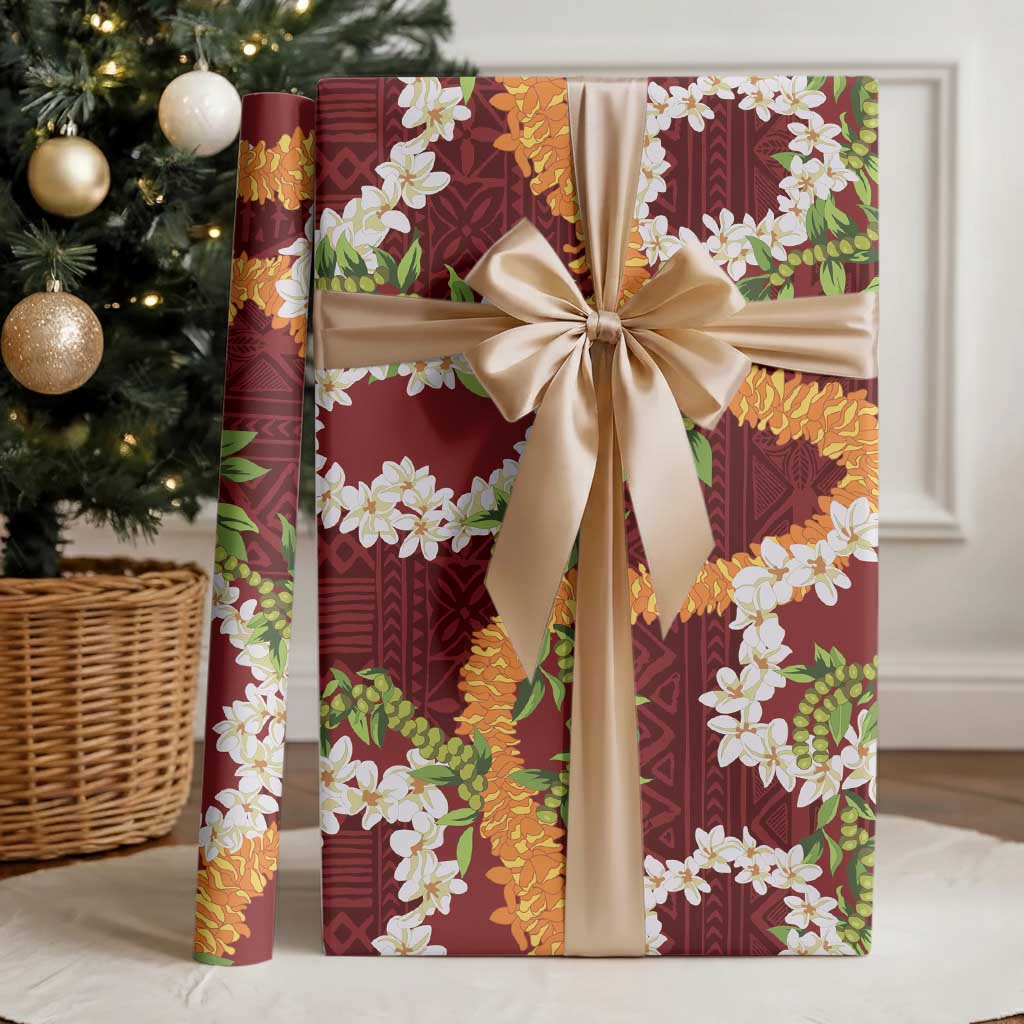 Aloha Festive Hawaii Wrapping Paper Mokihana - Maile and Ilima on Crimson