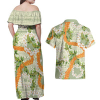 Aloha Festive Hawaii Couples Matching Off Shoulder Maxi Dress and Hawaiian Shirt Mokihana - Maile Leis in Muted Summer - Polynesian Pride