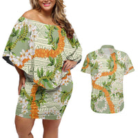 Aloha Festive Hawaii Couples Matching Off Shoulder Short Dress and Hawaiian Shirt Mokihana - Maile Leis in Muted Summer - Polynesian Pride
