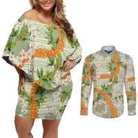 Aloha Festive Hawaii Couples Matching Off Shoulder Short Dress and Long Sleeve Button Shirt Mokihana - Maile Leis in Muted Summer - Polynesian Pride