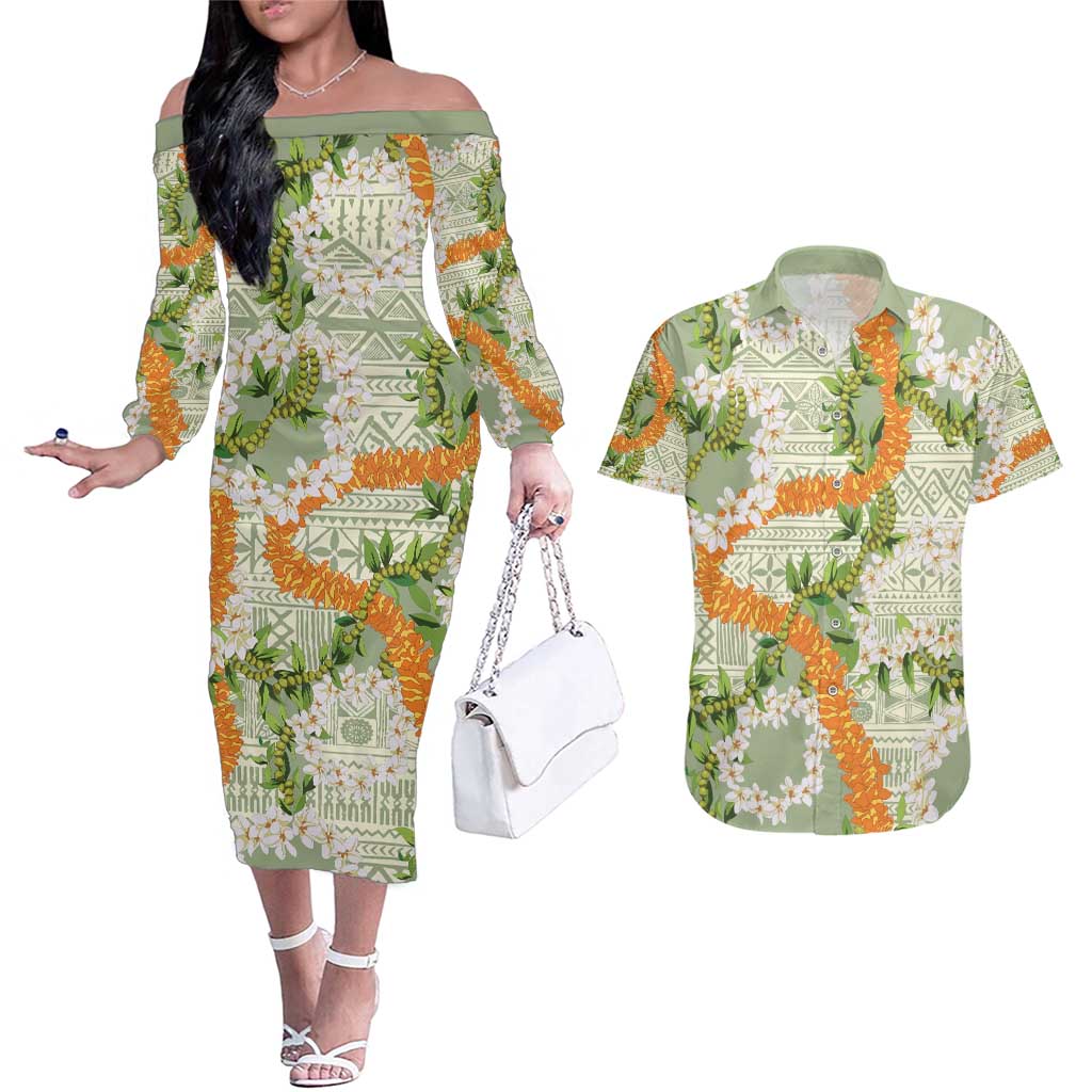 Aloha Festive Hawaii Couples Matching Off The Shoulder Long Sleeve Dress and Hawaiian Shirt Mokihana - Maile Leis in Muted Summer - Polynesian Pride