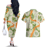 Aloha Festive Hawaii Couples Matching Off The Shoulder Long Sleeve Dress and Hawaiian Shirt Mokihana - Maile Leis in Muted Summer - Polynesian Pride