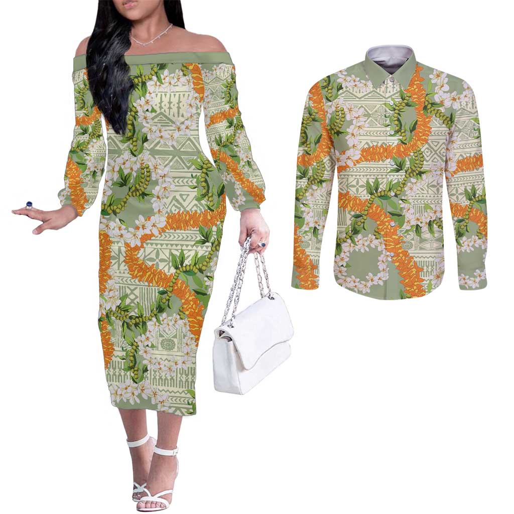 Aloha Festive Hawaii Couples Matching Off The Shoulder Long Sleeve Dress and Long Sleeve Button Shirt Mokihana - Maile Leis in Muted Summer - Polynesian Pride