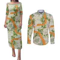 Aloha Festive Hawaii Couples Matching Puletasi and Long Sleeve Button Shirt Mokihana - Maile Leis in Muted Summer - Polynesian Pride