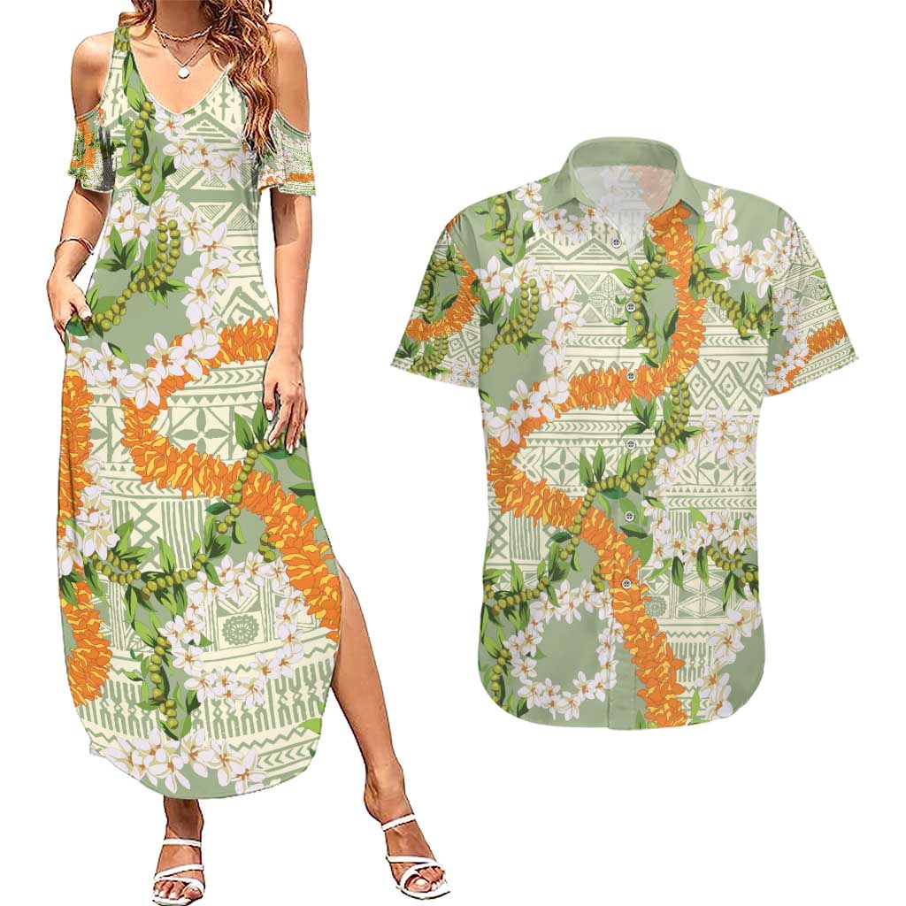 Aloha Festive Hawaii Couples Matching Summer Maxi Dress and Hawaiian Shirt Mokihana - Maile Leis in Muted Summer - Polynesian Pride