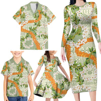 Aloha Festive Hawaii Family Matching Long Sleeve Bodycon Dress and Hawaiian Shirt Mokihana - Maile Leis in Muted Summer - Polynesian Pride