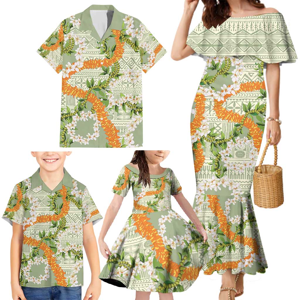 Aloha Festive Hawaii Family Matching Mermaid Dress and Hawaiian Shirt Mokihana - Maile Leis in Muted Summer - Polynesian Pride