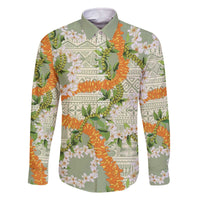Aloha Festive Hawaii Family Matching Off The Shoulder Long Sleeve Dress and Hawaiian Shirt Mokihana - Maile Leis in Muted Summer - Polynesian Pride