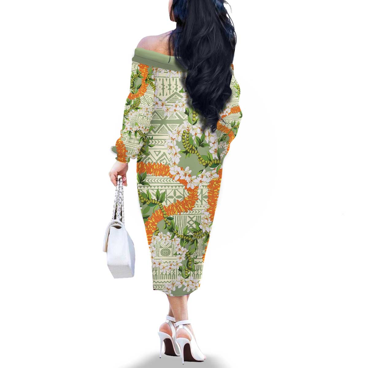 Aloha Festive Hawaii Family Matching Off The Shoulder Long Sleeve Dress and Hawaiian Shirt Mokihana - Maile Leis in Muted Summer - Polynesian Pride