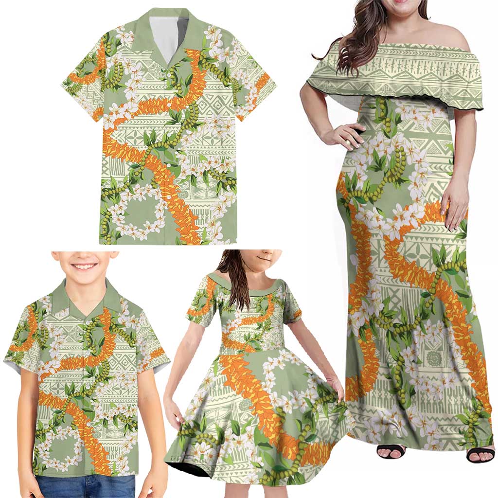 Aloha Festive Hawaii Family Matching Off Shoulder Maxi Dress and Hawaiian Shirt Mokihana - Maile Leis in Muted Summer - Polynesian Pride