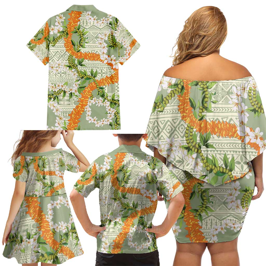 Aloha Festive Hawaii Family Matching Off Shoulder Short Dress and Hawaiian Shirt Mokihana - Maile Leis in Muted Summer - Polynesian Pride