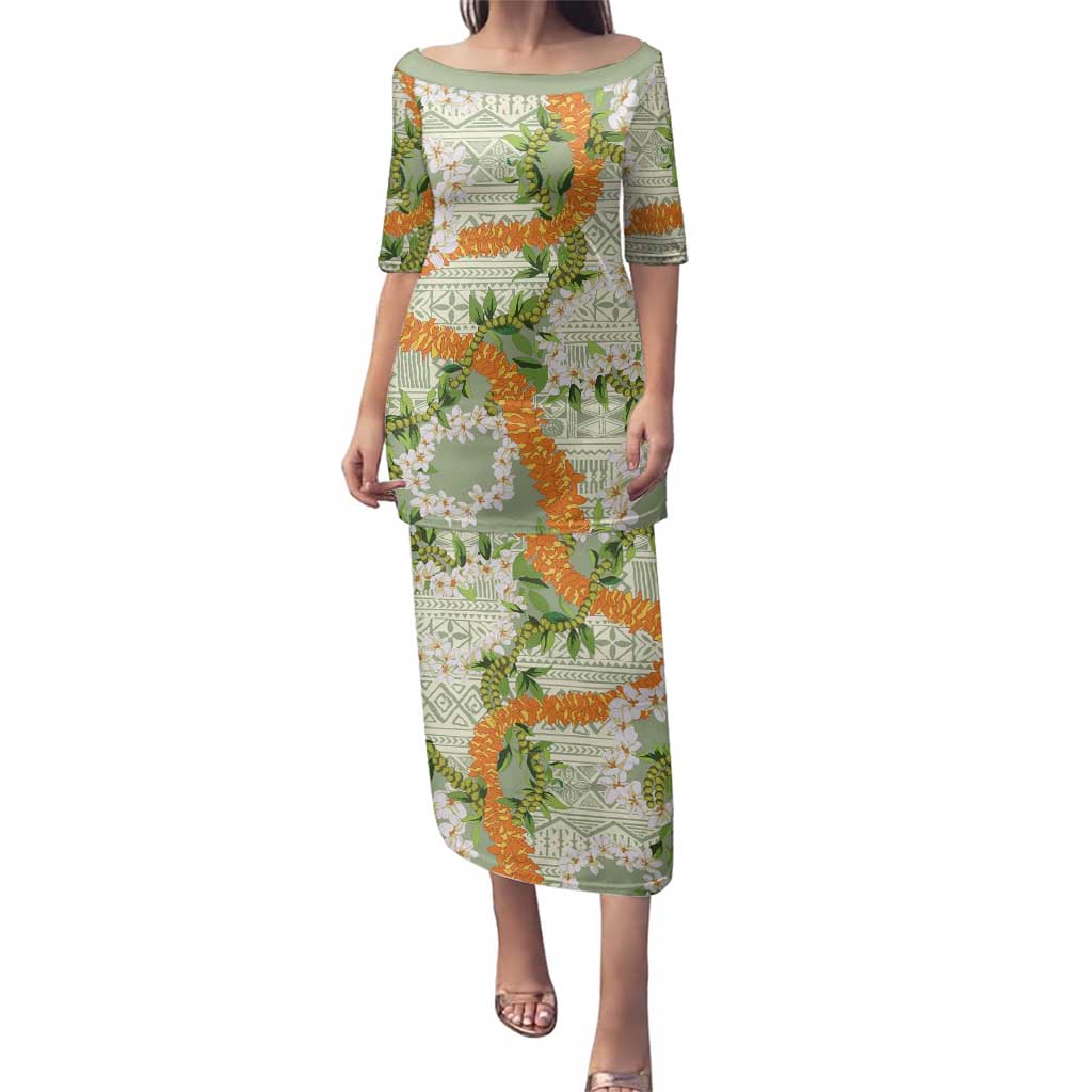 Aloha Festive Hawaii Family Matching Puletasi and Hawaiian Shirt Mokihana - Maile Leis in Muted Summer - Polynesian Pride