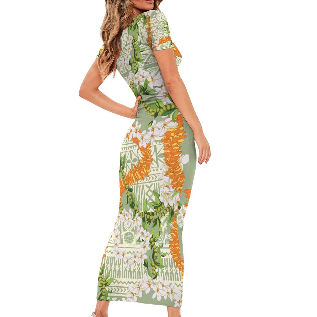 Aloha Festive Hawaii Family Matching Short Sleeve Bodycon Dress and Hawaiian Shirt Mokihana - Maile Leis in Muted Summer - Polynesian Pride