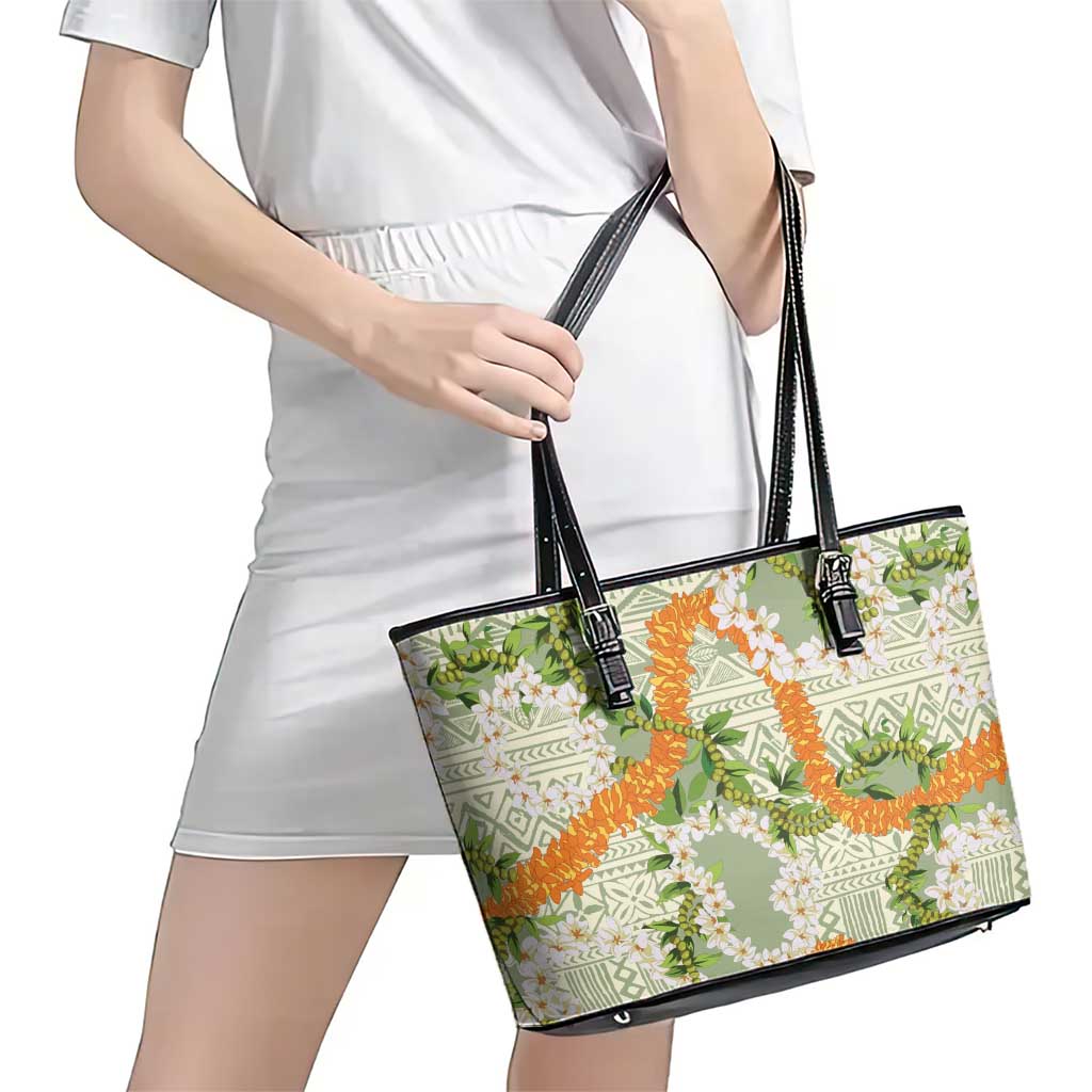 Aloha Festive Hawaii Leather Tote Bag Mokihana - Maile Leis in Muted Summer - Polynesian Pride