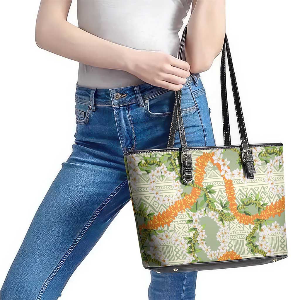Aloha Festive Hawaii Leather Tote Bag Mokihana - Maile Leis in Muted Summer - Polynesian Pride