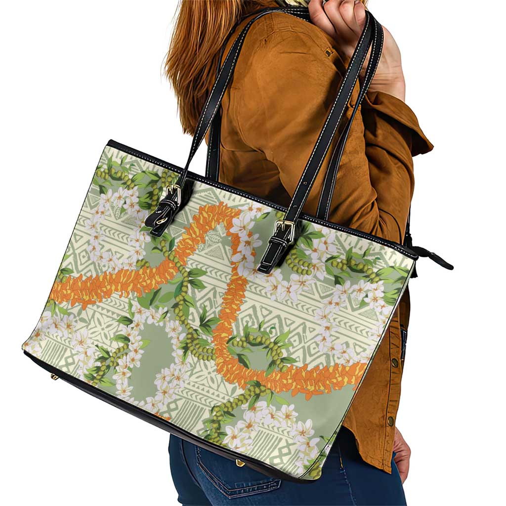 Aloha Festive Hawaii Leather Tote Bag Mokihana - Maile Leis in Muted Summer - Polynesian Pride