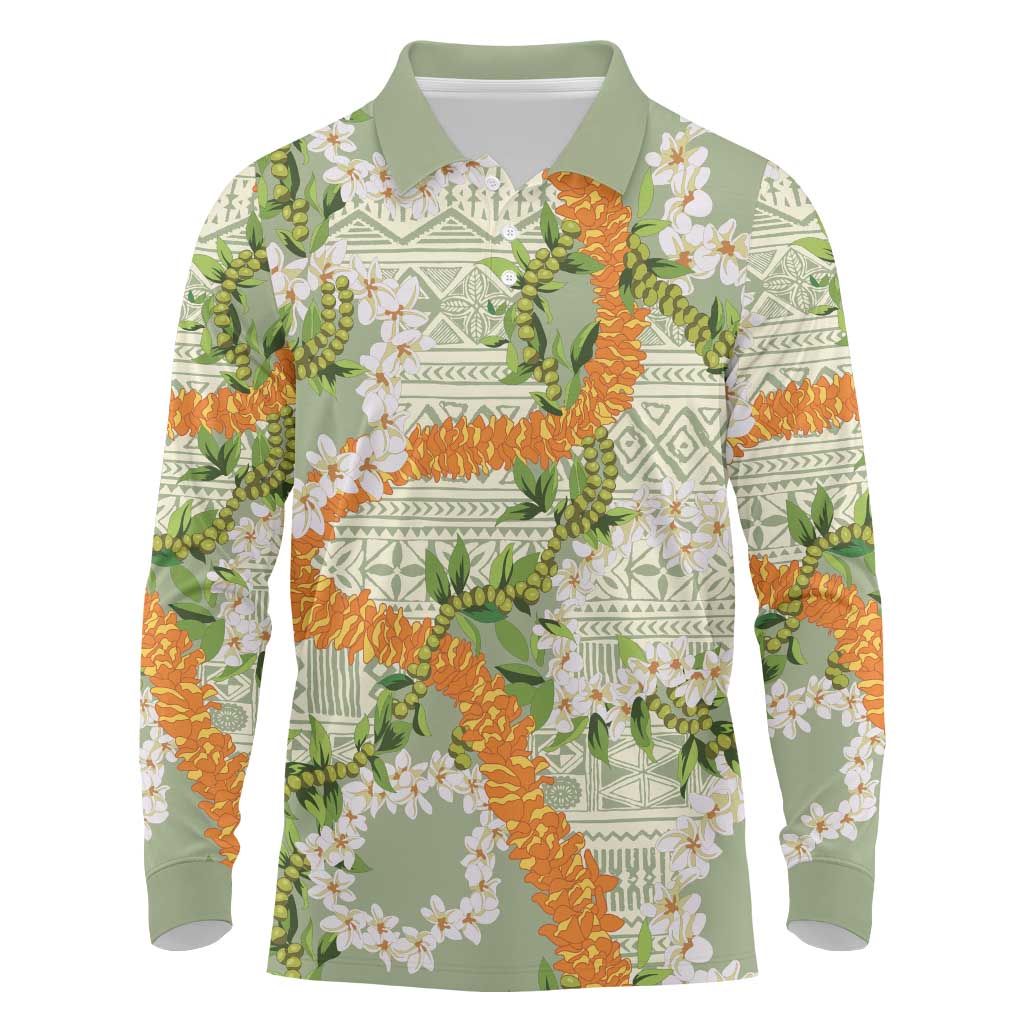 Aloha Festive Hawaii Long Sleeve Polo Shirt Mokihana - Maile Leis in Muted Summer - Polynesian Pride