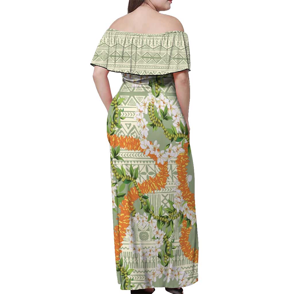 Aloha Festive Hawaii Off Shoulder Maxi Dress Mokihana - Maile Leis in Muted Summer - Polynesian Pride