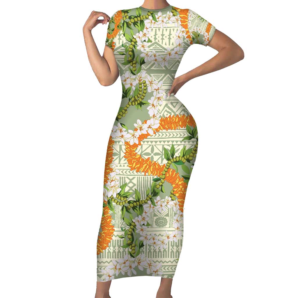Aloha Festive Hawaii Short Sleeve Bodycon Dress Mokihana - Maile Leis in Muted Summer - Polynesian Pride