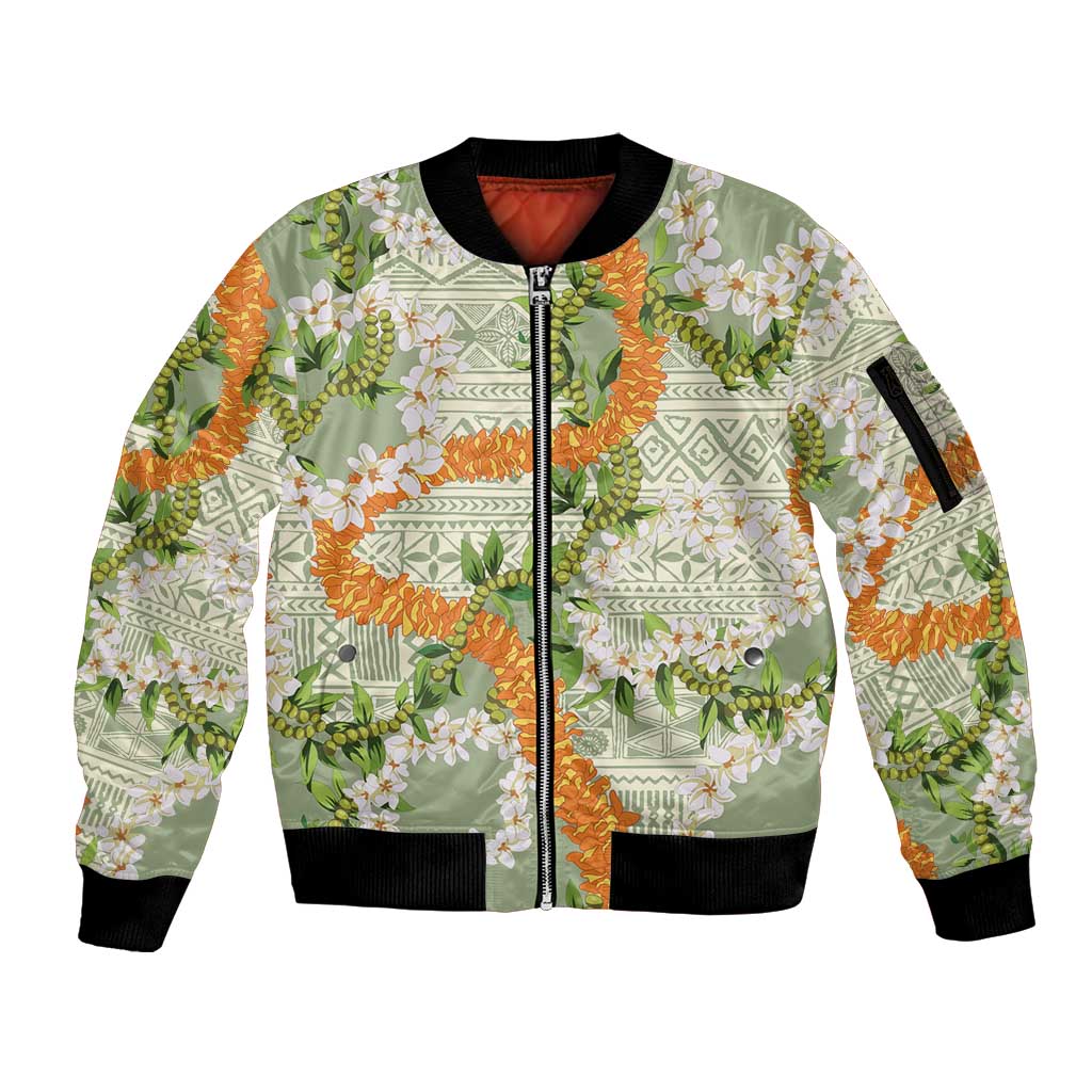 Aloha Festive Hawaii Sleeve Zip Bomber Jacket Mokihana - Maile Leis in Muted Summer - Polynesian Pride