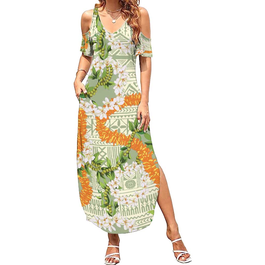 Aloha Festive Hawaii Summer Maxi Dress Mokihana - Maile Leis in Muted Summer - Polynesian Pride
