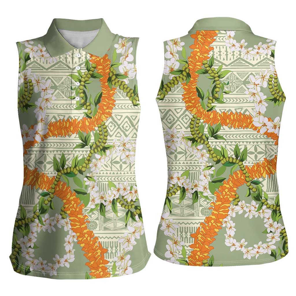 Aloha Festive Hawaii Women Sleeveless Polo Shirt Mokihana - Maile Leis in Muted Summer - Polynesian Pride
