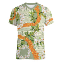 Aloha Festive Hawaii Women V-Neck T-Shirt Mokihana - Maile Leis in Muted Summer - Polynesian Pride