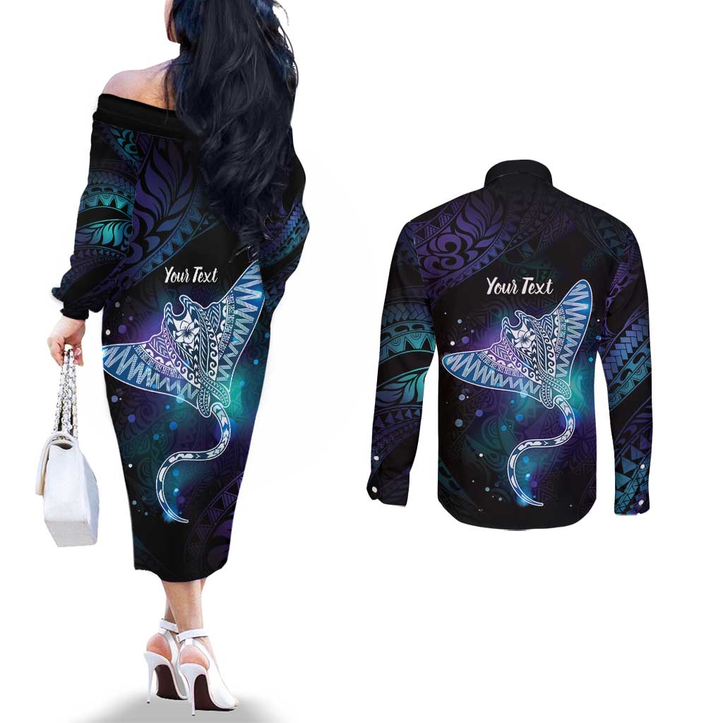 Polynesian Tala Manta Ray Couples Matching Off The Shoulder Long Sleeve Dress and Long Sleeve Button Shirt Nowhere You Could Go That I Won't Be With You LT7 - Polynesian Pride