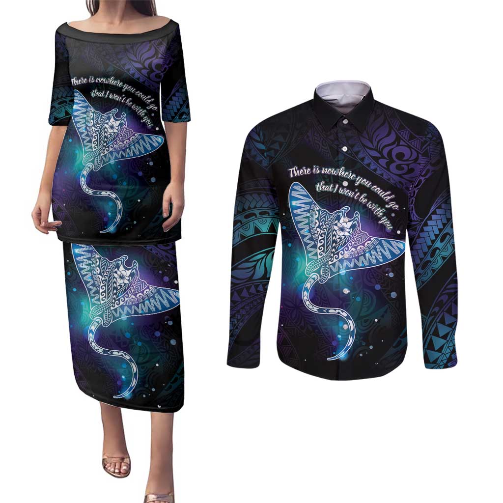 Polynesian Tala Manta Ray Couples Matching Puletasi and Long Sleeve Button Shirt Nowhere You Could Go That I Won't Be With You - Polynesian Pride