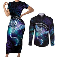 Polynesian Tala Manta Ray Couples Matching Short Sleeve Bodycon Dress and Long Sleeve Button Shirt Nowhere You Could Go That I Won't Be With You LT7 Purple Teal - Polynesian Pride