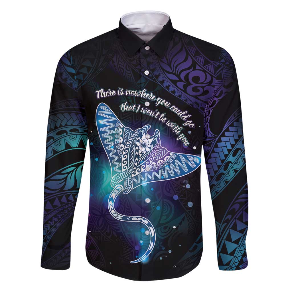 Polynesian Tala Manta Ray Family Matching Puletasi and Hawaiian Shirt Nowhere You Could Go That I Won't Be With You LT7 Dad's Shirt - Long Sleeve Purple Teal - Polynesian Pride