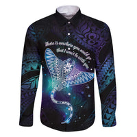 Polynesian Tala Manta Ray Family Matching Puletasi and Hawaiian Shirt Nowhere You Could Go That I Won't Be With You LT7 Dad's Shirt - Long Sleeve Purple Teal - Polynesian Pride