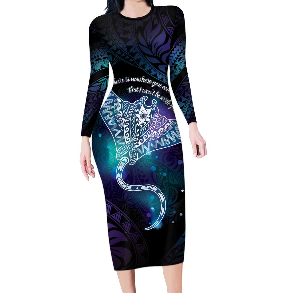 Polynesian Tala Manta Ray Long Sleeve Bodycon Dress Nowhere You Could Go That I Won't Be With You - Polynesian Pride