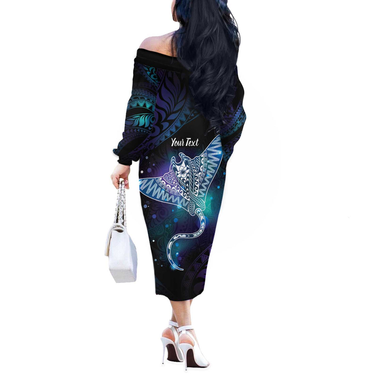 Polynesian Tala Manta Ray Off The Shoulder Long Sleeve Dress Nowhere You Could Go That I Won't Be With You - Polynesian Pride