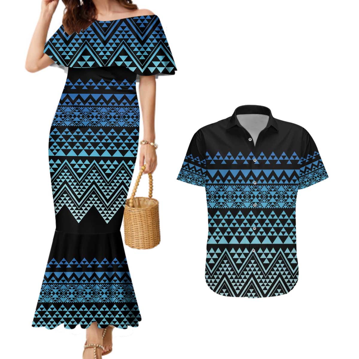 Maori Niho Taniwha Te Wheiao Couples Matching Mermaid Dress and Hawaiian Shirt Moana Blue - Polynesian Pride
